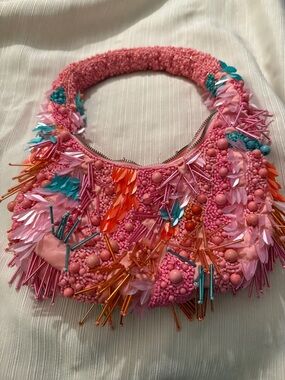 Pink Beaded Fringe Shoulder Bag - Designer Style